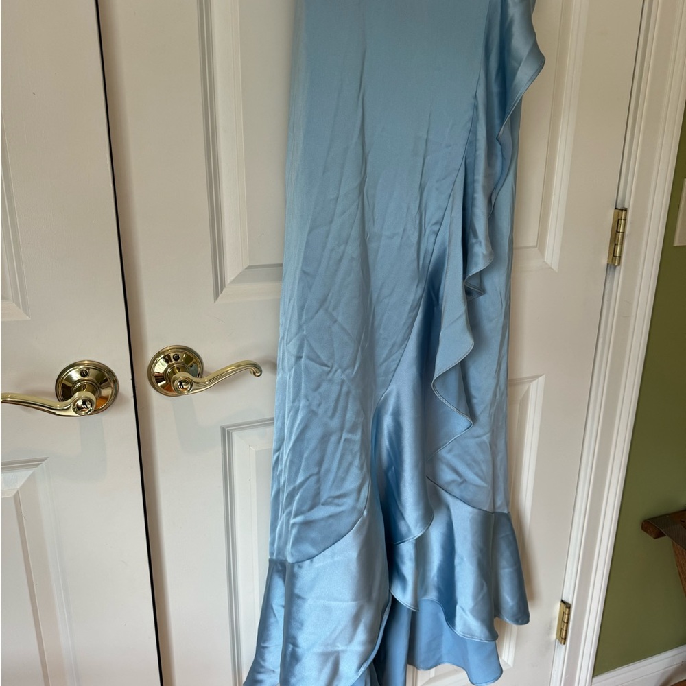 Blue Asymmetrical Ruffled High-Low Gown - Picture 4 of 5